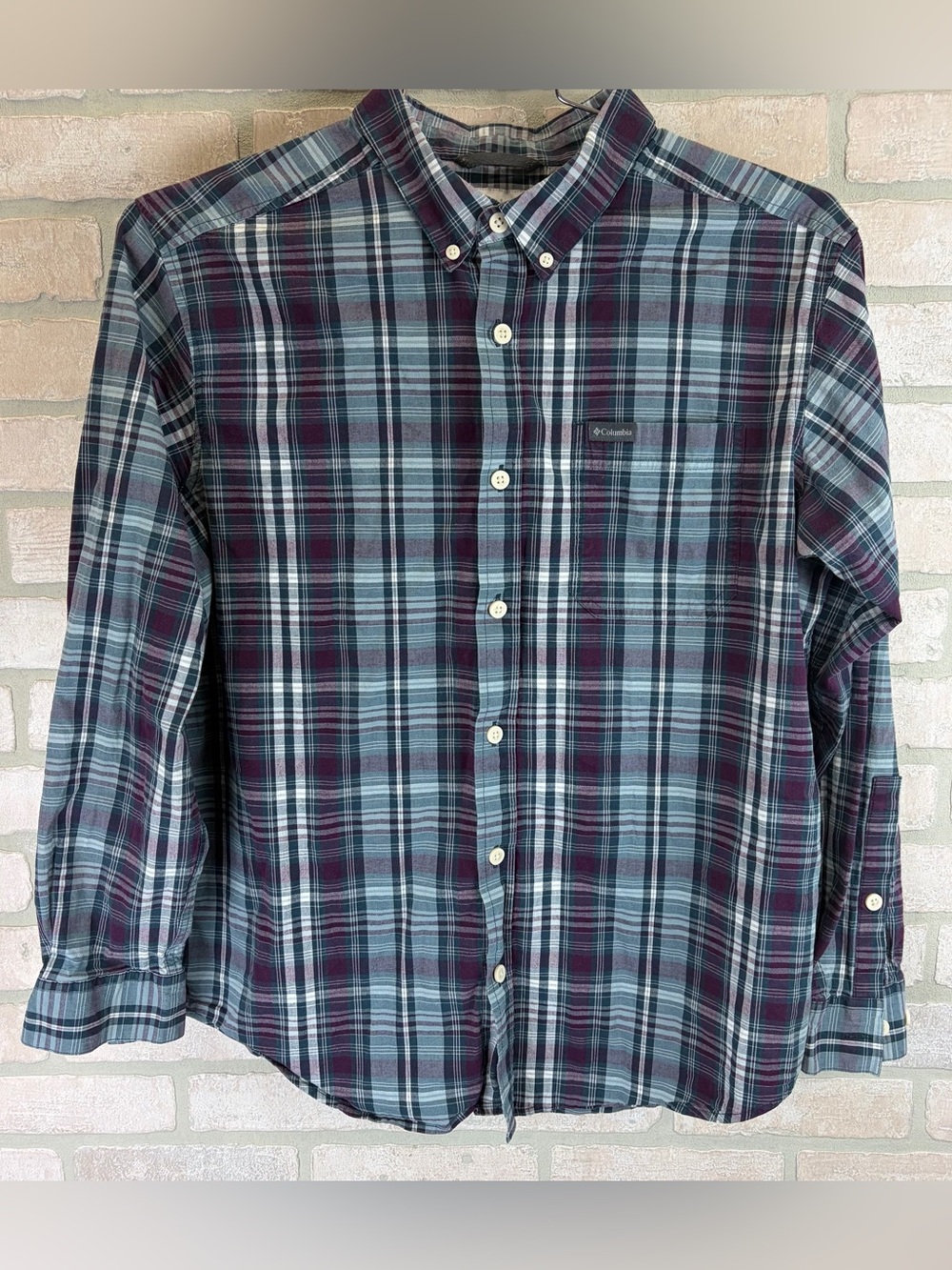 Columbia Men’s Blue and Burgundy Plaid Button-Down Shirt Large